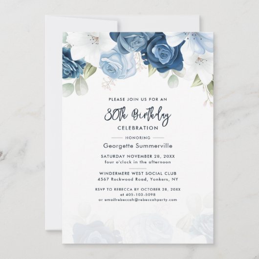 Bloemen 80ste verjaardag Dusty Blue Script Party Kaart (Voorkant)