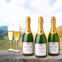 Bloemen 80ste verjaardag fles 80 jaar feest sparkling wijnetiket