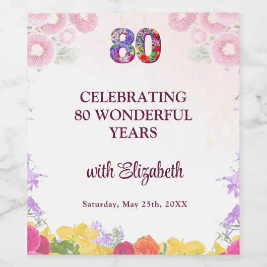 Bloemen 80ste verjaardag fles 80 jaar feest wijn etiket (Enkel label)
