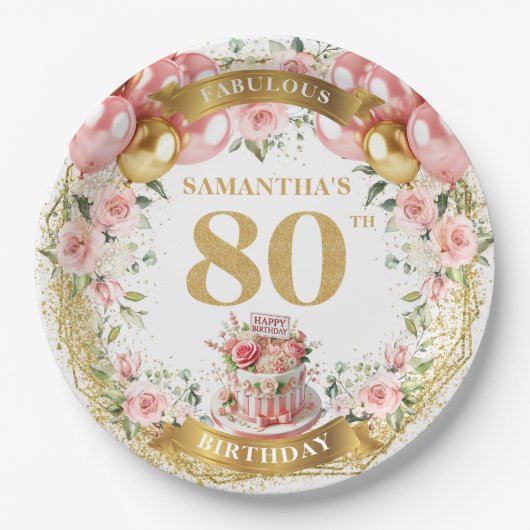 Bloemen 80ste Verjaardag Papier Borden Papieren Bordje (Voorkant)