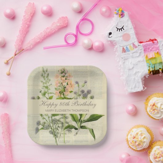  bloemen 80ste verjaardag papieren bordje (Feest)