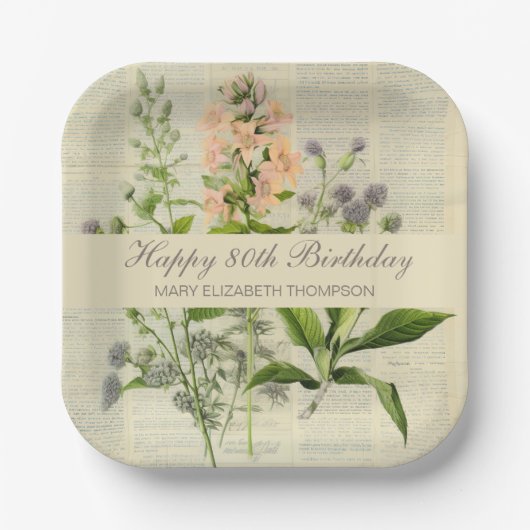  bloemen 80ste verjaardag papieren bordje (Voorkant)