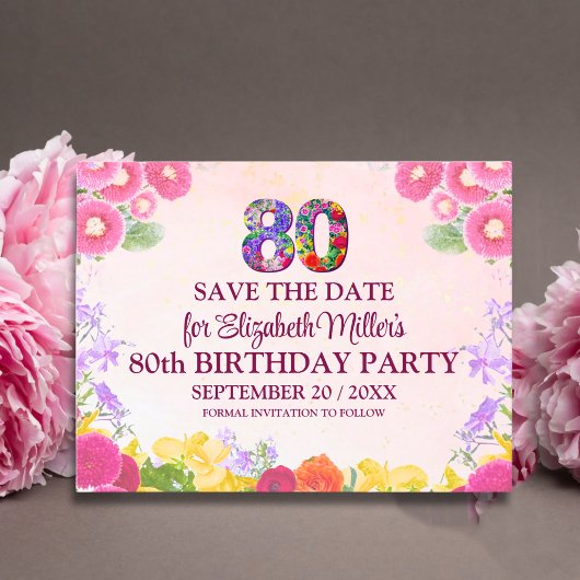 Bloemen 80ste verjaardag save the date - pastel 80 aankondigingskaart