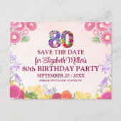 Bloemen 80ste verjaardag save the date - pastel 80 aankondigingskaart (Voorkant)