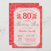 Bloemen 80ste verjaardag uitnodiging rood voor vro (Voorkant / Achterkant)