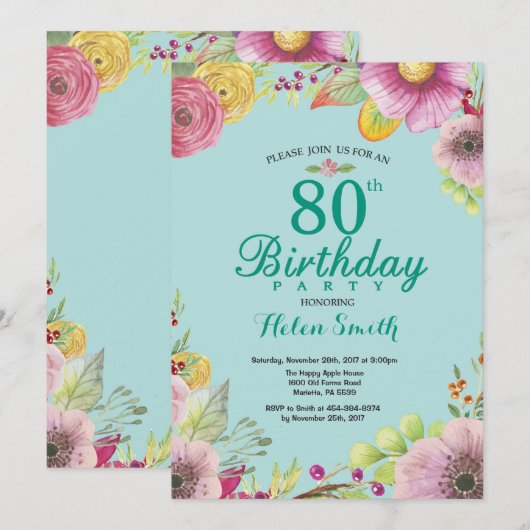 Bloemen 80ste Verjaardag Uitnodiging voor Vrouwen  (Voorkant / Achterkant)