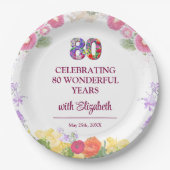 Bloemen 80ste verjaardagsfeest 80 jaar bloempatroo papieren bordje (Voorkant)