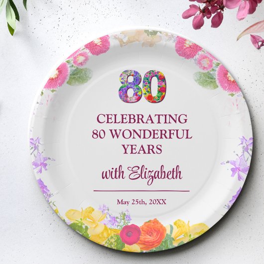 Bloemen 80ste verjaardagsfeest 80 jaar bloempatroo papieren bordje