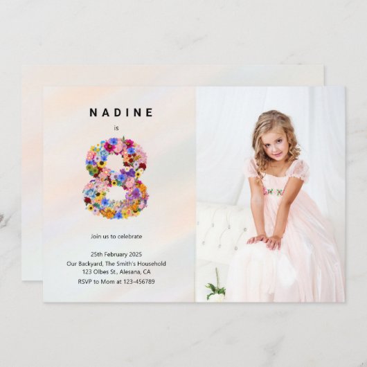 Bloemen 8e Verjaardag Uitnodiging Spring Moderne S (Voorkant / Achterkant)