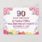 Bloemen 90e verjaardag save the date, elegante 90 aankondigingskaart (Voorkant)