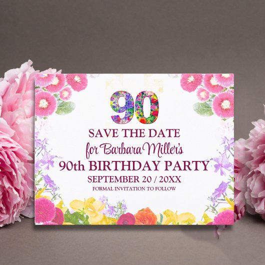 Bloemen 90e verjaardag save the date, elegante 90 aankondigingskaart