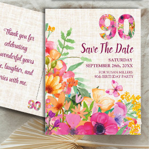 Bloemen 90e verjaardag Save the date, linnen 90 ja Aankondigingskaart
