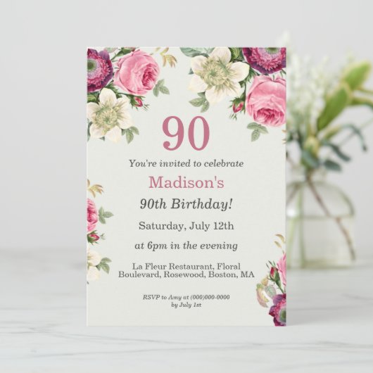  Bloemen | 90e verjaardag Uitnodiging (Staand voorkant)
