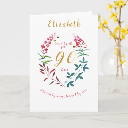 Bloemen 90e verjaardag Waterverf Rood Blauw Bloeme Kaart (Gele Bloem)