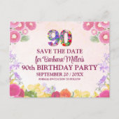 Bloemen 90ste verjaardag save the date - pastel 90 aankondigingskaart (Voorkant)