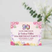 Bloemen 90ste verjaardag save the date - pastel 90 aankondigingskaart (Staand voorkant)