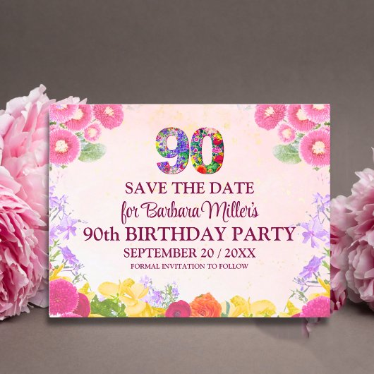 Bloemen 90ste verjaardag save the date - pastel 90 aankondigingskaart
