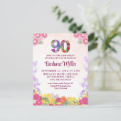Bloemen 90ste verjaardag uitnodiging, elegant 90 j briefkaart (Staand voorkant)