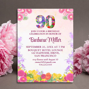 Bloemen 90ste verjaardag uitnodiging, elegant 90 j briefkaart