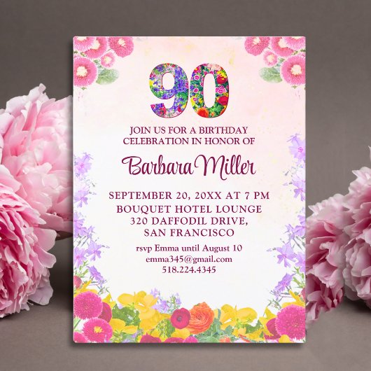 Bloemen 90ste verjaardag uitnodiging, elegant 90 j briefkaart