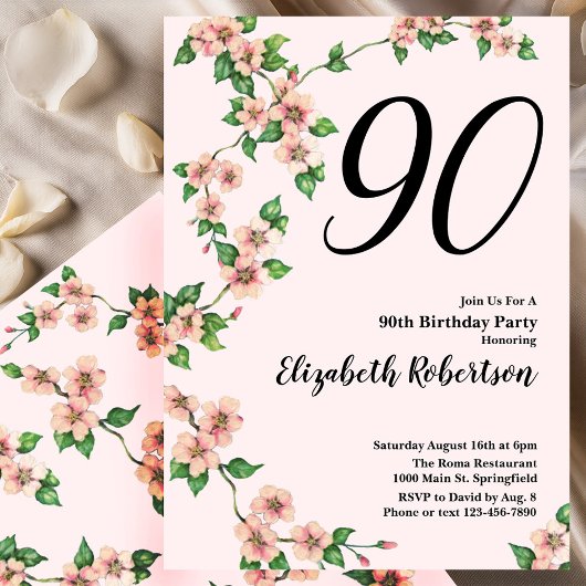 Bloemen 90ste verjaardag uitnodiging in Blush Pink