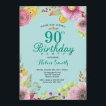 Bloemen 90ste Verjaardag Uitnodiging voor Vrouwen<br><div class="desc">Bloemen 90e verjaardag uitnodiging voor vrouwen. Waterverf Floral,  Blauwgroen Aqua Turquoise achtergrond. Voor verdere aanpassing klikt u op de knop "Aanpassen" en gebruikt u onze ontwerptool om deze sjabloon te wijzigen.</div>
