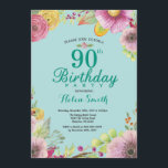 Bloemen 90ste Verjaardag Uitnodiging voor Vrouwen<br><div class="desc">Bloemen 90e verjaardag uitnodiging voor vrouwen. Waterverf Floral,  Blauwgroen Aqua Turquoise achtergrond. Voor verdere aanpassing klikt u op de knop "Aanpassen" en gebruikt u onze ontwerptool om deze sjabloon te wijzigen.</div>