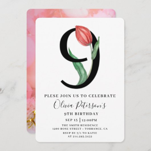 Bloemen 9e verjaardag met uitnodiging voor aangepa (Voorkant / Achterkant)