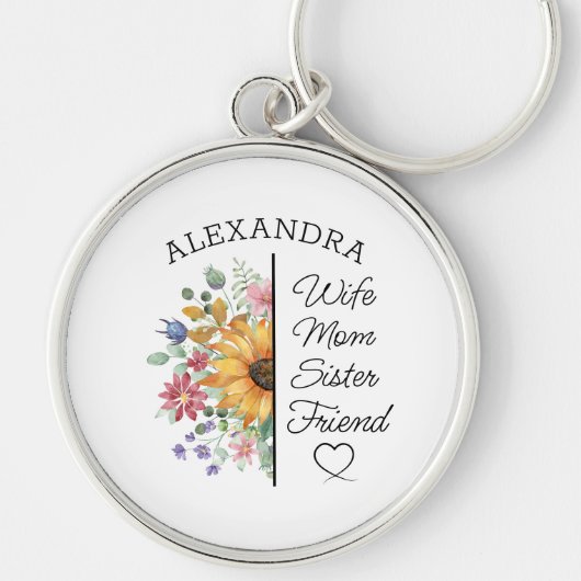 Bloemen Aangepaste Naam & Tekst Vrouw Moeder Zuste Sleutelhanger (Voorkant)