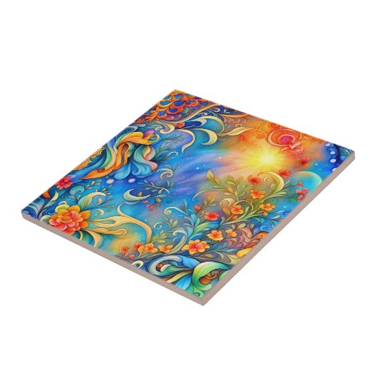 Bloemen Abstract 72 Blauw Sinaasappel Tegeltje (Zijkant)