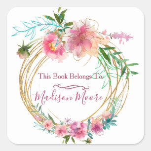 Bloemen Abstract krans Hand geletterde boekenplaat Vierkante Sticker