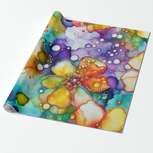 Bloemen Abstracte alcoholinkt Cadeaupapier (Uitgerold)