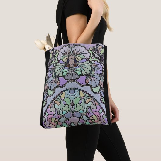 Bloemen abstracte paarse pansy mozaïekpatroon tote bag (Dichtbij)
