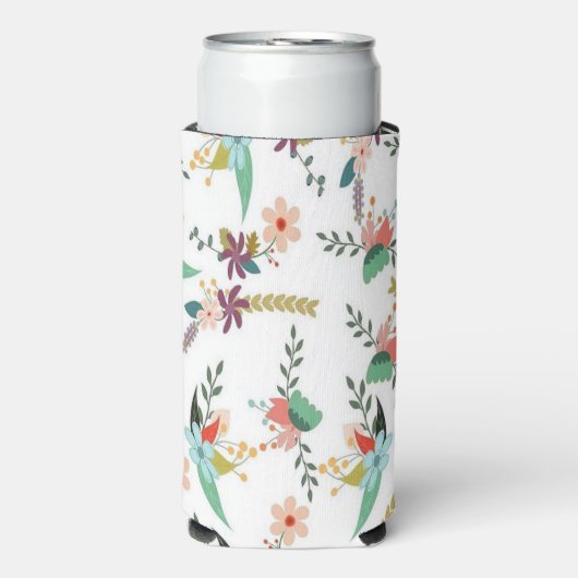 Bloemen achtergrond patroon wit seltzer blikjeskoeler (Seltzer Voorkant)