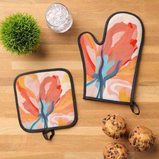 Bloemen achtergronden abstract schilderij ovenwant & pannenlap set (Top down)