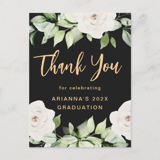 Bloemen Afstudeer Bedankt Script Zwart Briefkaart (Voorkant)