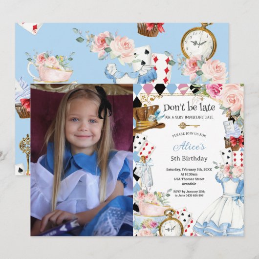 Bloemen Alice in Wonderland Verjaardags Tea Party Kaart (Voorkant / Achterkant)