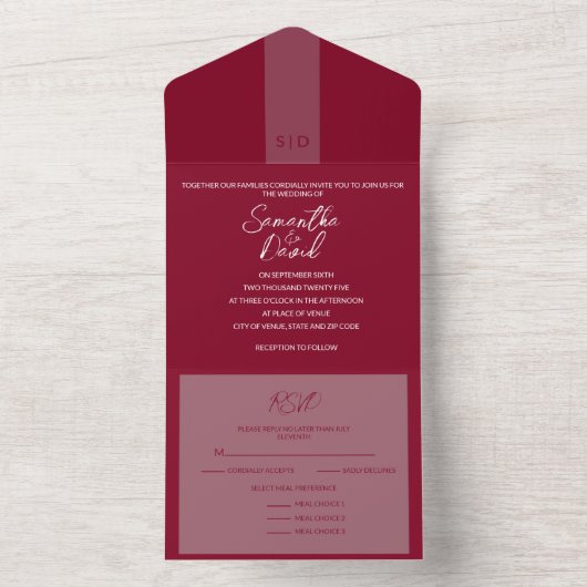 Bloemen Alles in één Bourgogne bruiloft uitnodigin All In One Uitnodiging (Binnen)