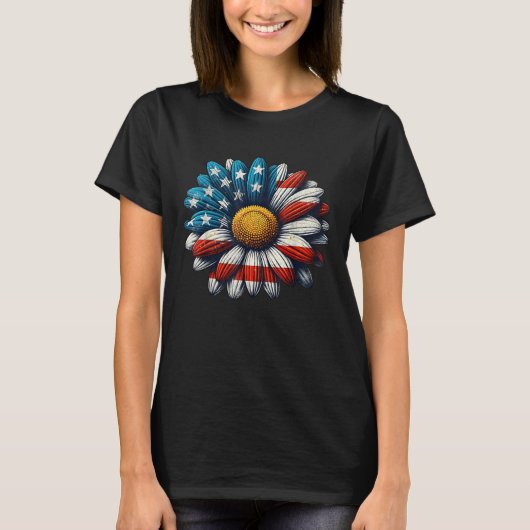 Bloemen Amerikaanse vlag Daisy 4 juli Patriottisch T-shirt (Voorkant)