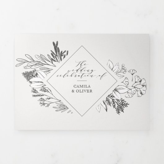 Bloemen Ampersand Zwart & Wit Alles in één bruilof Drieluik Uitnodiging (Cover)