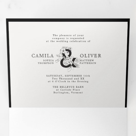 Bloemen Ampersand Zwart & Wit Alles in één bruilof Drieluik Uitnodiging (Binnenzijde eerst)