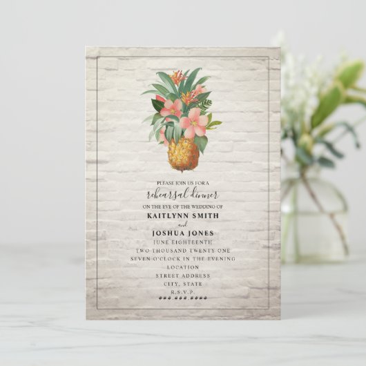 Bloemen Ananas baksteen bruiloft repetitie diner Kaart (Staand voorkant)