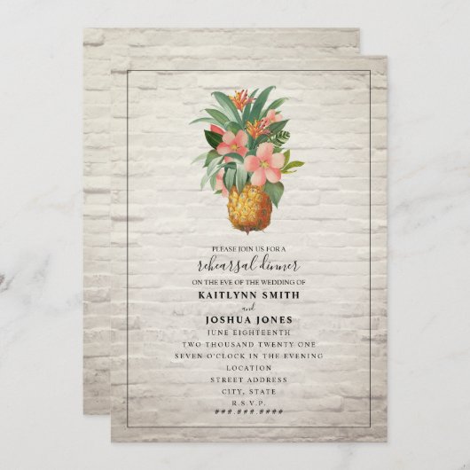 Bloemen Ananas baksteen bruiloft repetitie diner Kaart (Voorkant / Achterkant)