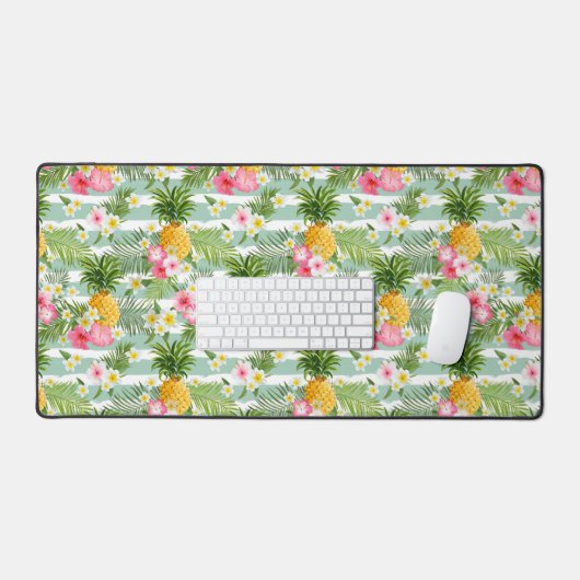 Bloemen & ananas Blauwgroen strepen Bureaumat (Keyboard & Muis)