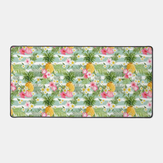 Bloemen & ananas Blauwgroen strepen Bureaumat (Voorkant)