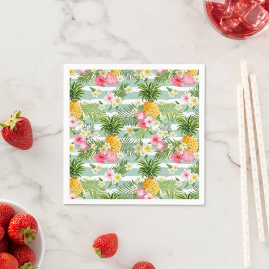 Bloemen & ananas Blauwgroen strepen Servet (Insitu)