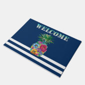 Bloemen ananas nautische marine blauw gestreept deurmat (Schuin)