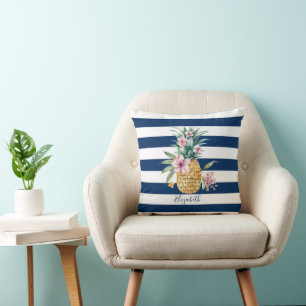 Bloemen Ananas Tropisch, Marine Blauw Gestreept Kussen