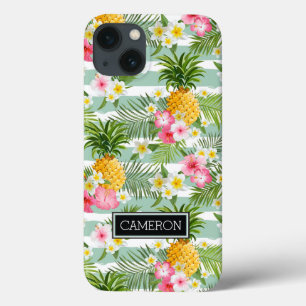 Bloemen & Ananas Turquoise Strepen Voeg Je Naam iPhone 13 Hoesje