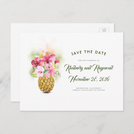 Bloemen Ananas Vaas Tropisch strand Save the Date Aankondigingskaart (Voorkant / Achterkant)